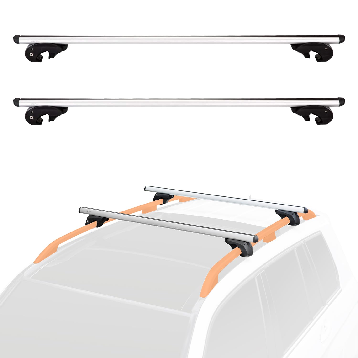 Amazon Basics Porta-bagagens de teto com calhas cruzadas, 52 polegadas, adapta-se a trechos de até 46 polegadas entre calhas laterais elevadas com espaço, embalagem de 2, preto/prateado