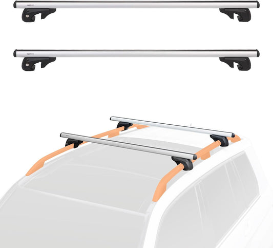 Amazon Basics Porta-bagagens de teto com calhas cruzadas, 52 polegadas, adapta-se a trechos de até 46 polegadas entre calhas laterais elevadas com espaço, embalagem de 2, preto/prateado