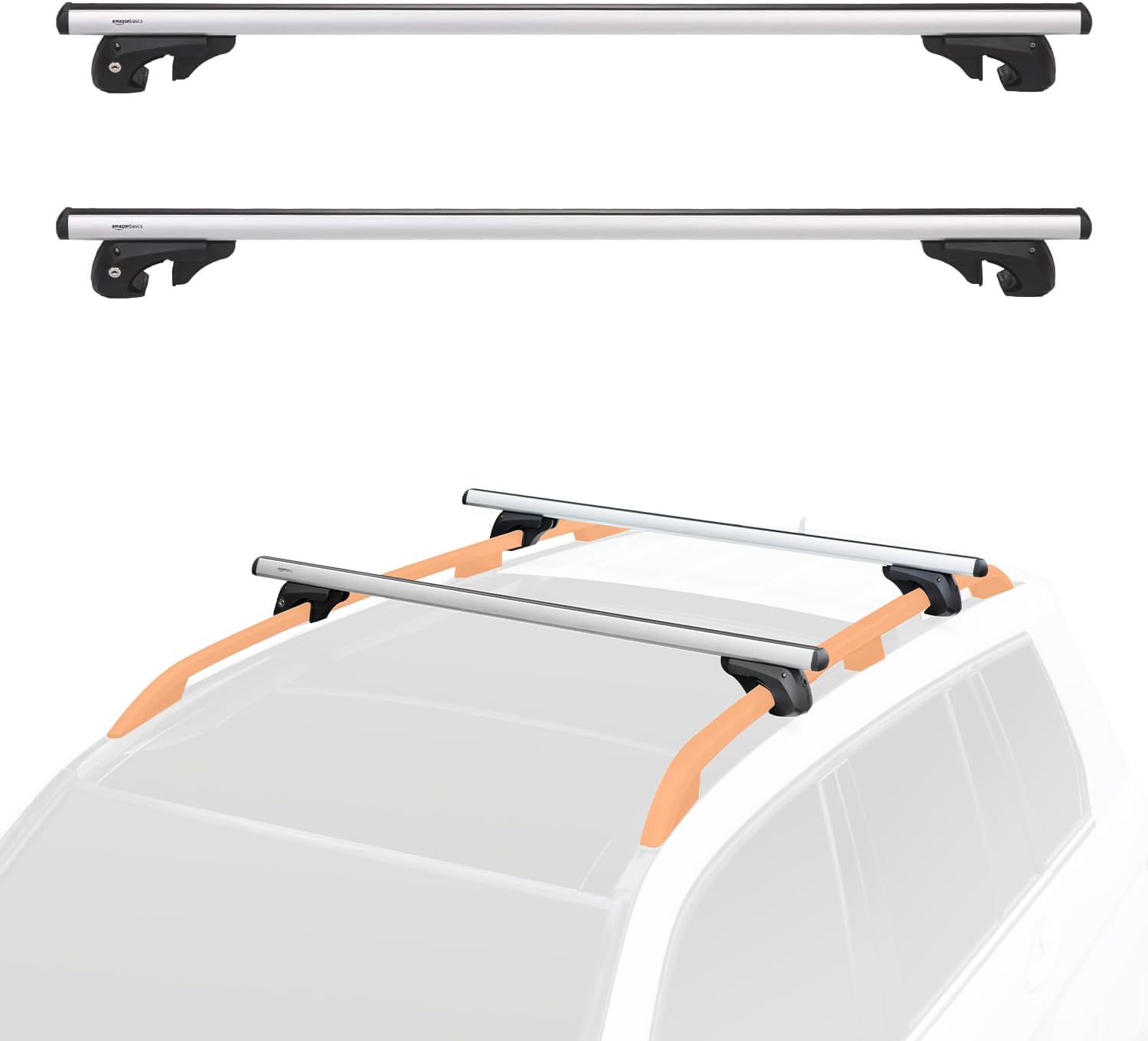 Amazon Basics Porta-bagagens de teto com calhas cruzadas, 52 polegadas, adapta-se a trechos de até 46 polegadas entre calhas laterais elevadas com espaço, embalagem de 2, preto/prateado