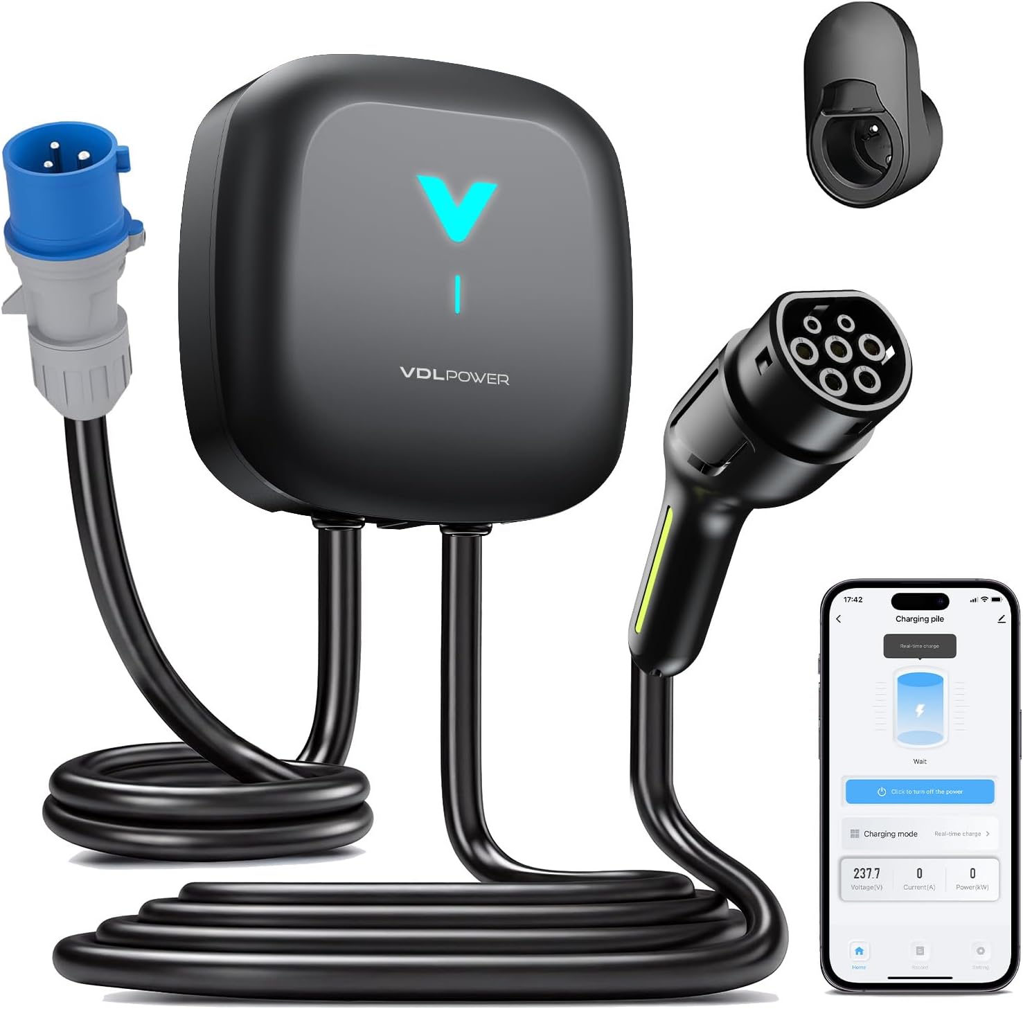 Wallbox , Cargador para Vehículo Eléctrico 7kW,6-32A Type 2 Monofásica, Wi-Fi, Bluetooth, Interior/Exterior, soporte de enchufe, Protección IP67 para BEV/PHEV