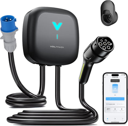 Wallbox , Cargador para Vehículo Eléctrico 7kW,6-32A Type 2 Monofásica, Wi-Fi, Bluetooth, Interior/Exterior, soporte de enchufe, Protección IP67 para BEV/PHEV