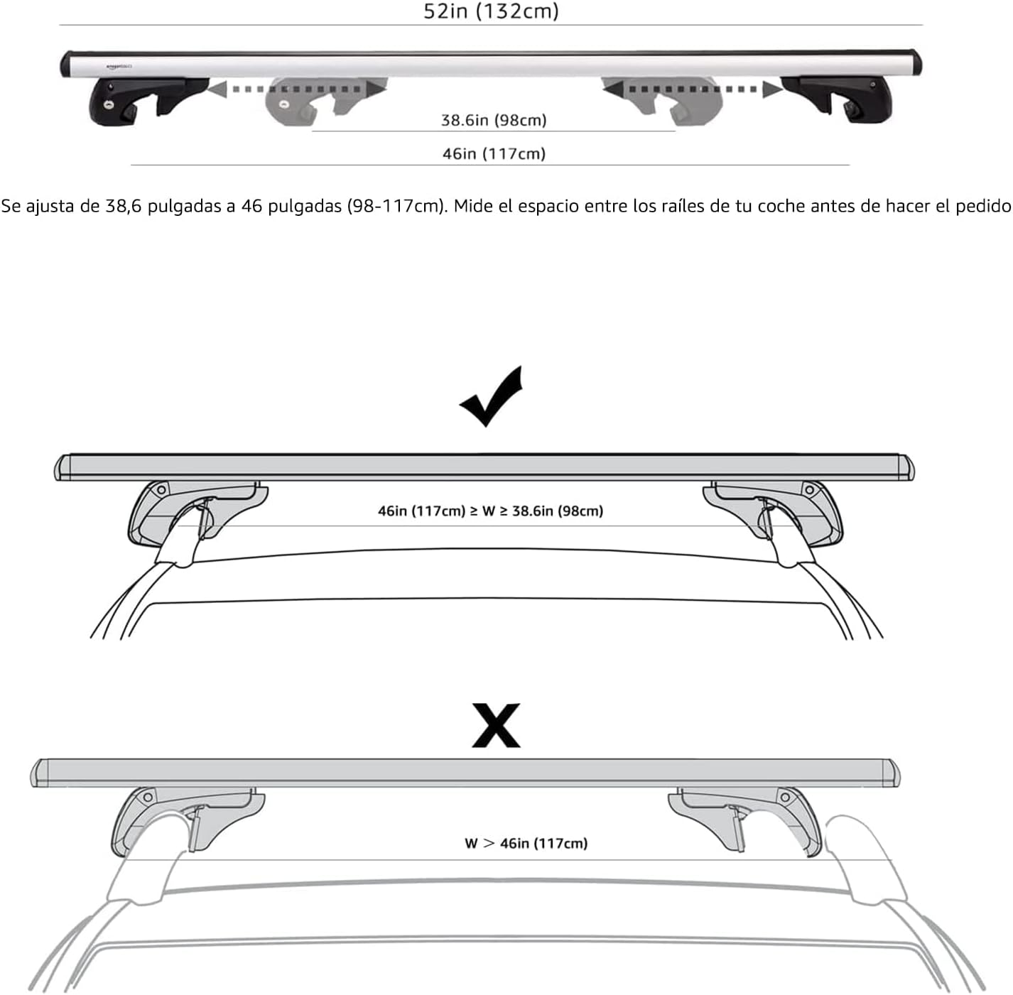 Amazon Basics Porta-bagagens de teto com calhas cruzadas, 52 polegadas, adapta-se a trechos de até 46 polegadas entre calhas laterais elevadas com espaço, embalagem de 2, preto/prateado