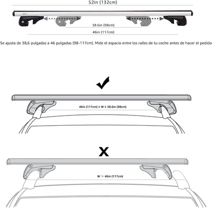Amazon Basics Porta-bagagens de teto com calhas cruzadas, 52 polegadas, adapta-se a trechos de até 46 polegadas entre calhas laterais elevadas com espaço, embalagem de 2, preto/prateado
