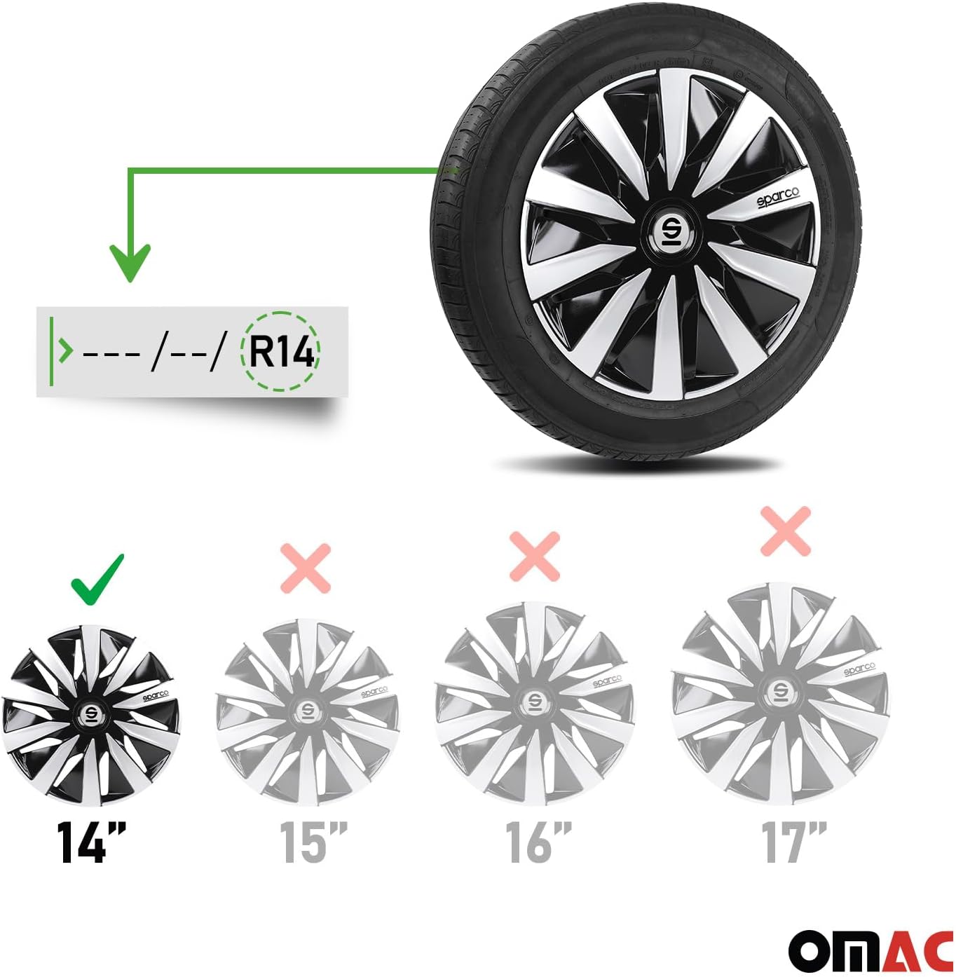 Sparco SPC1491BKSV Tapacubos Lazio, Negro/Plata, Set de 4, 14 pulgadas