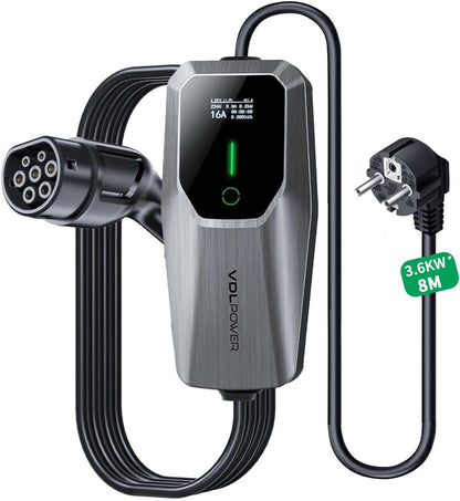 Cargador Coche Electrico, Cargador de Vehículo Eléctrico de 3,6 Kw 8m Tipo 2, Cable de Carga de Vehículo Eléctrico 8-16A, con Enchufe de La UE para Tomas estándar de la UE IEC 62196-2