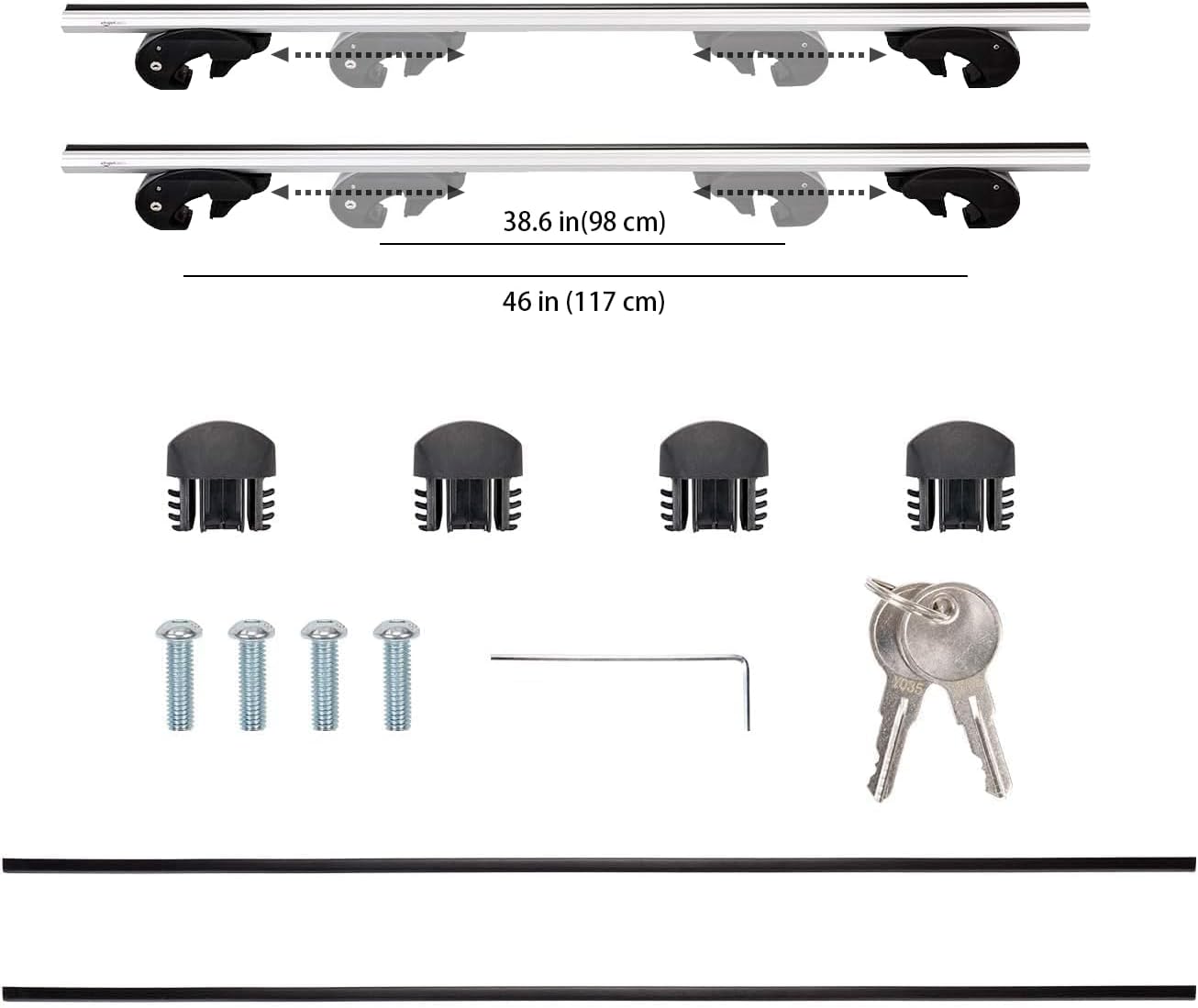 Amazon Basics Porta-bagagens de teto com calhas cruzadas, 52 polegadas, adapta-se a trechos de até 46 polegadas entre calhas laterais elevadas com espaço, embalagem de 2, preto/prateado
