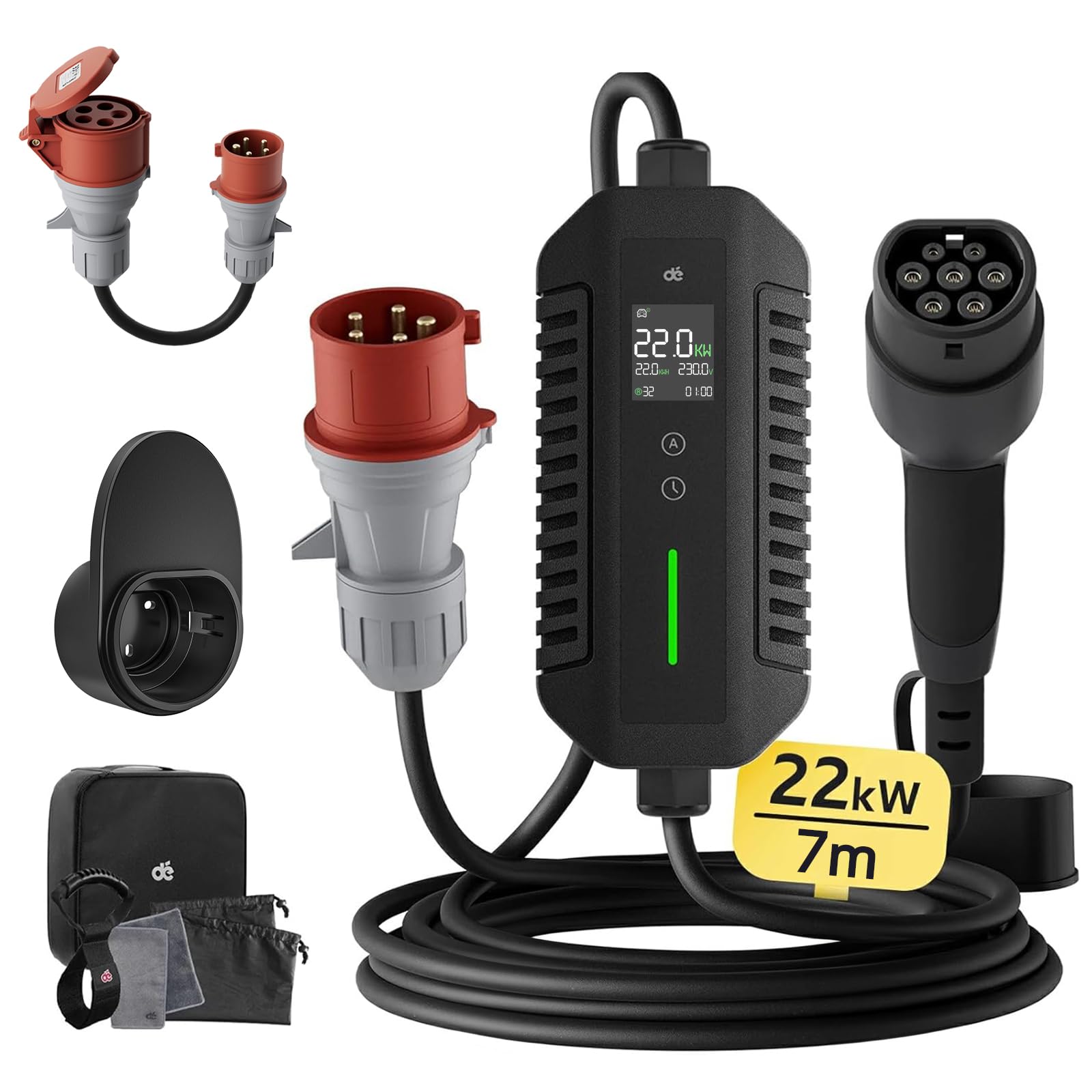 dé Carregador de carro elétrico 7,4 kW [6 m, 6 - 32 A] carregador de veículo elétrico 32 A com potência de carregamento ajustável, estação de carregamento para modelo 3/Y, 500e, Spring e outros EV