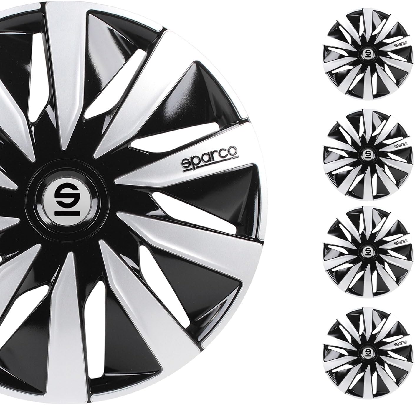 Sparco SPC1491BKSV Tapacubos Lazio, Negro/Plata, Set de 4, 14 pulgadas