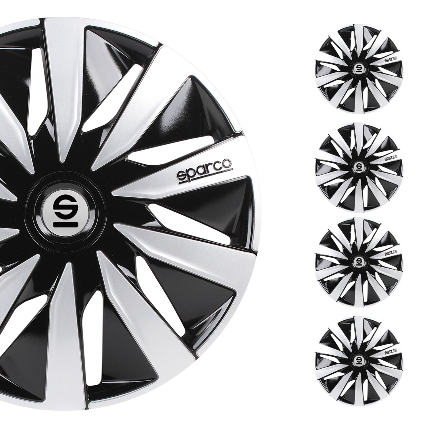 Sparco SPC1491BKSV Tapacubos Lazio, Negro/Plata, Set de 4, 14 pulgadas