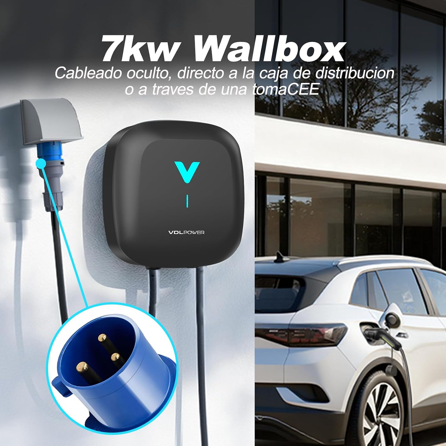 Wallbox , Cargador para Vehículo Eléctrico 7kW,6-32A Type 2 Monofásica, Wi-Fi, Bluetooth, Interior/Exterior, soporte de enchufe, Protección IP67 para BEV/PHEV