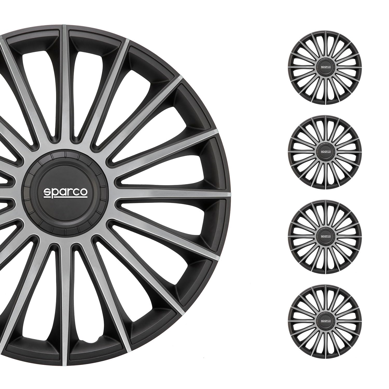Sparco SPC1491BKSV Tapacubos Lazio, Negro/Plata, Set de 4, 14 pulgadas