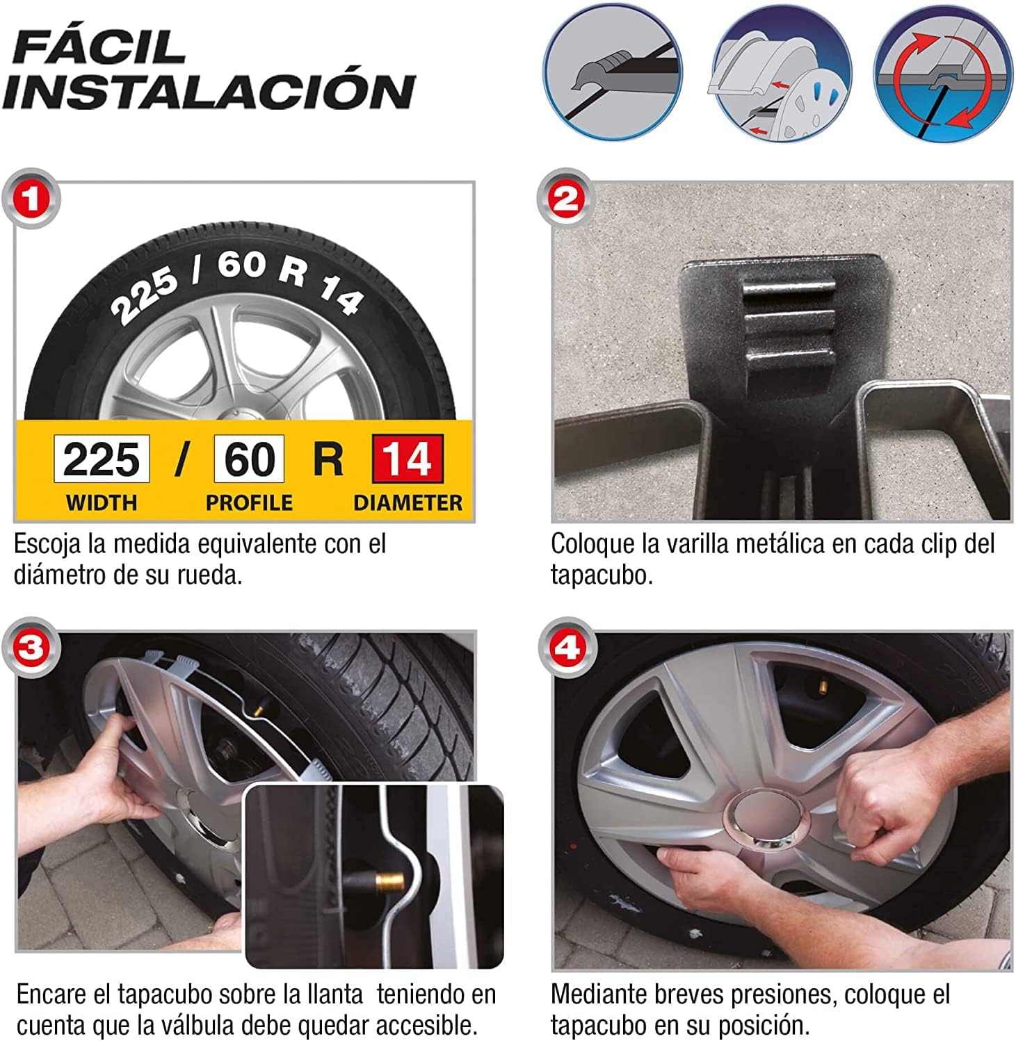 Conjunto de 4 tampões, design Illinois RC Black, acabamento preto e ABS, resistente a fortes impactos, duradouro e fiável, com anel de fixação ajustável