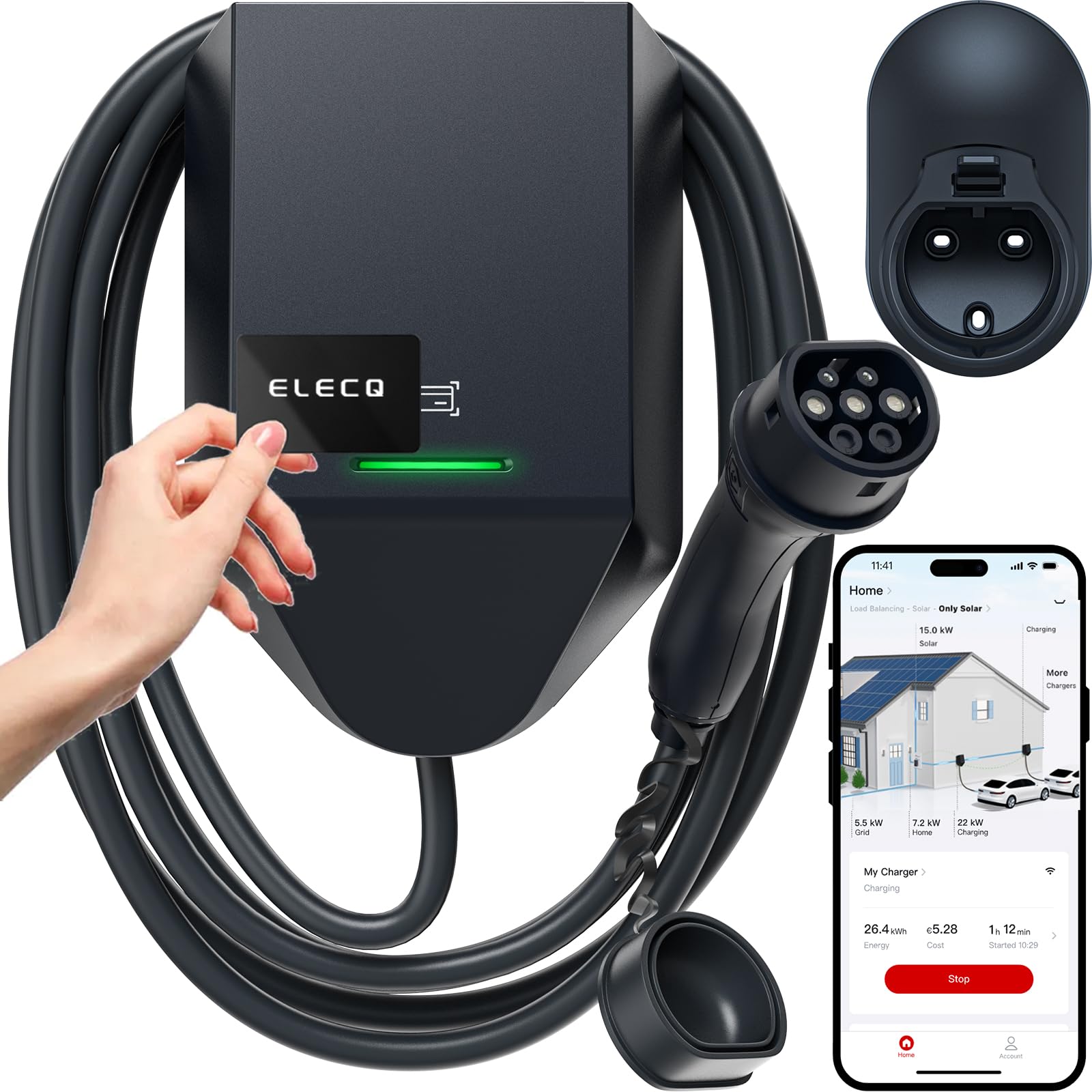 Wallbox 11kW Trifásico com App e RFID | Gestão dinâmica de carregamento e carregamento solar PV | WiFi OCPP | Cabo tipo 2 de 5 m, 16A 400 V estação de carregamento | carregador inteligente carro