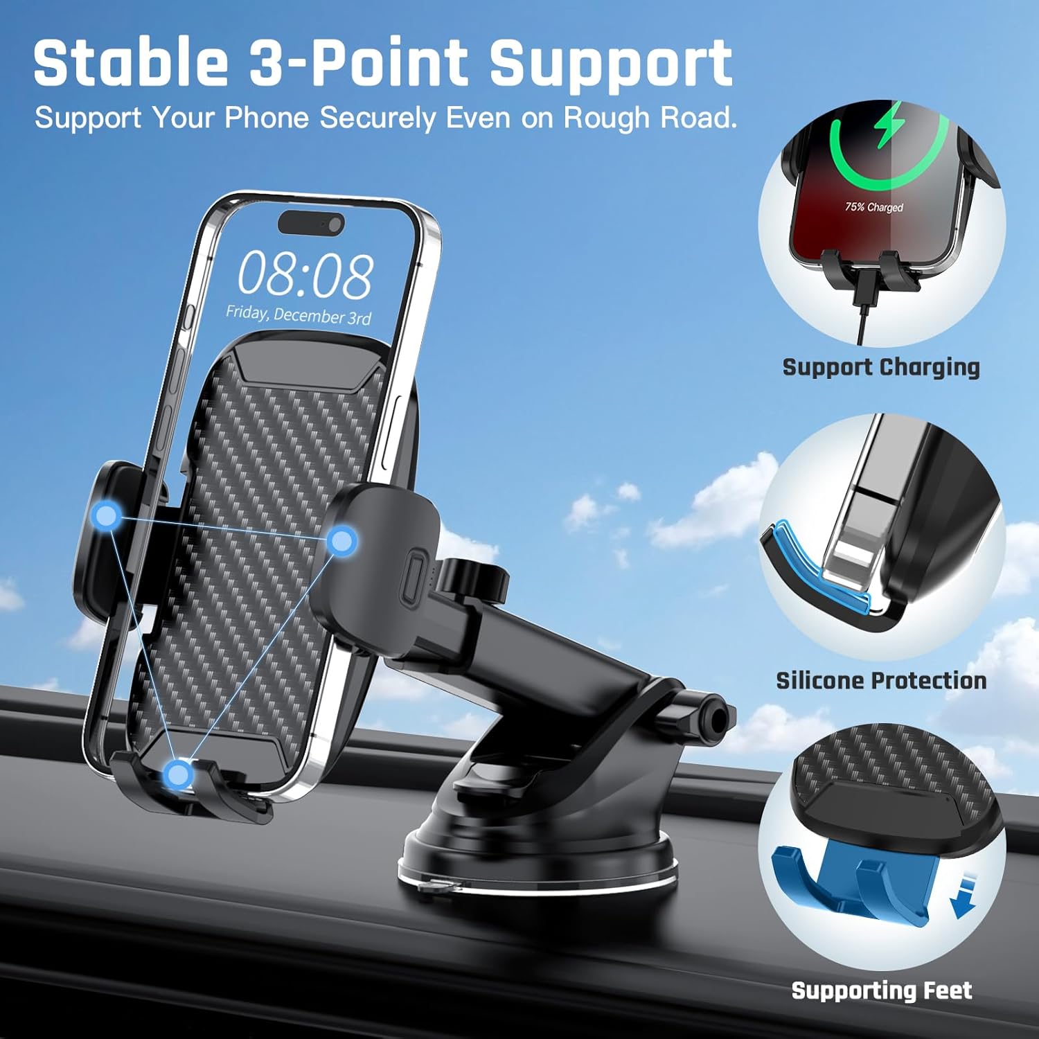 Soporte Movil Coche, [Potente Ventosa y Clip Estable] Suporte Telemovel Carro Universal para Parabrisas, Salpicadero y Ventilación, Porta Movil Coche para Teléfonos de 4-7"