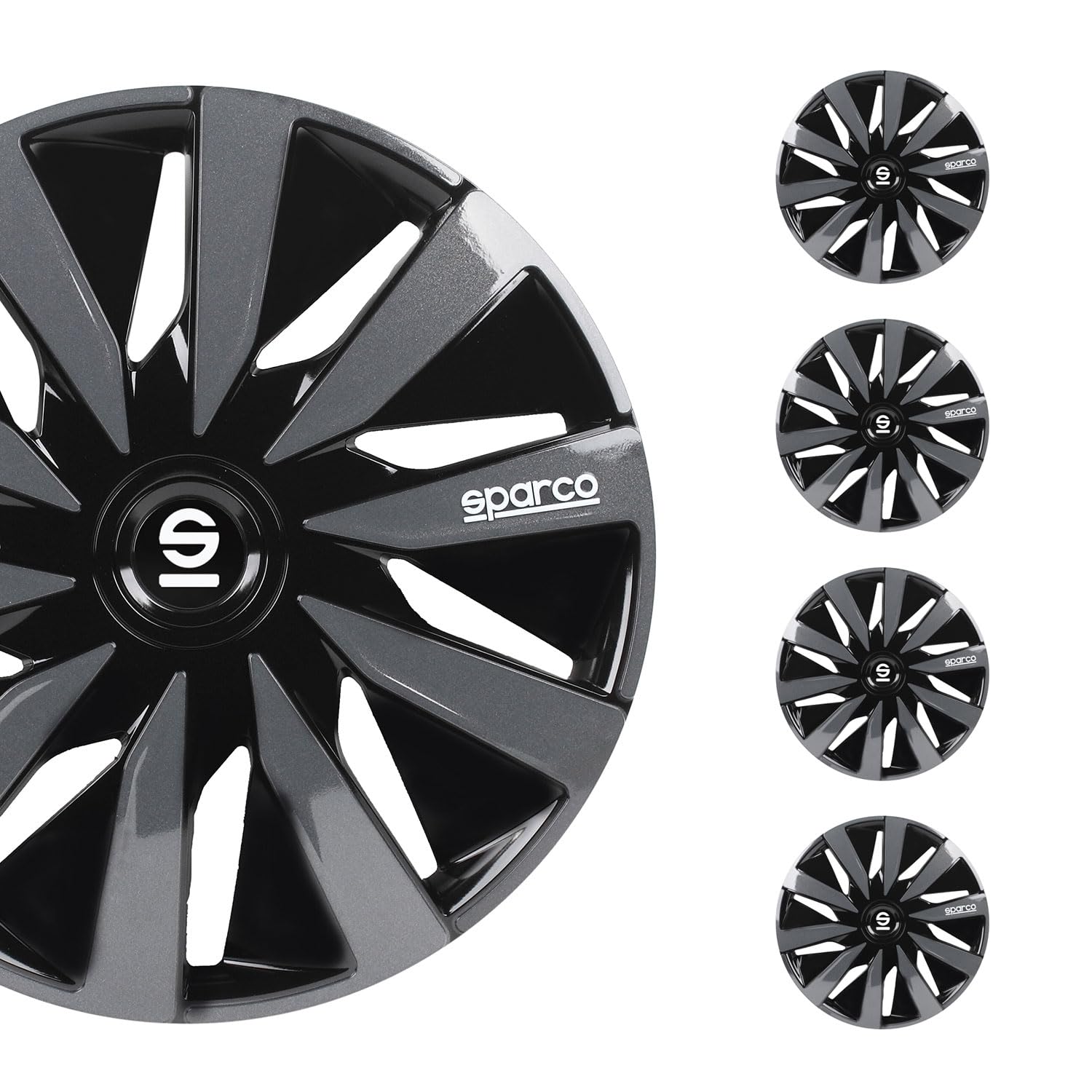 Sparco SPC1491BKSV Tapacubos Lazio, Negro/Plata, Set de 4, 14 pulgadas