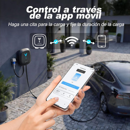 Wallbox , Cargador para Vehículo Eléctrico 7kW,6-32A Type 2 Monofásica, Wi-Fi, Bluetooth, Interior/Exterior, soporte de enchufe, Protección IP67 para BEV/PHEV