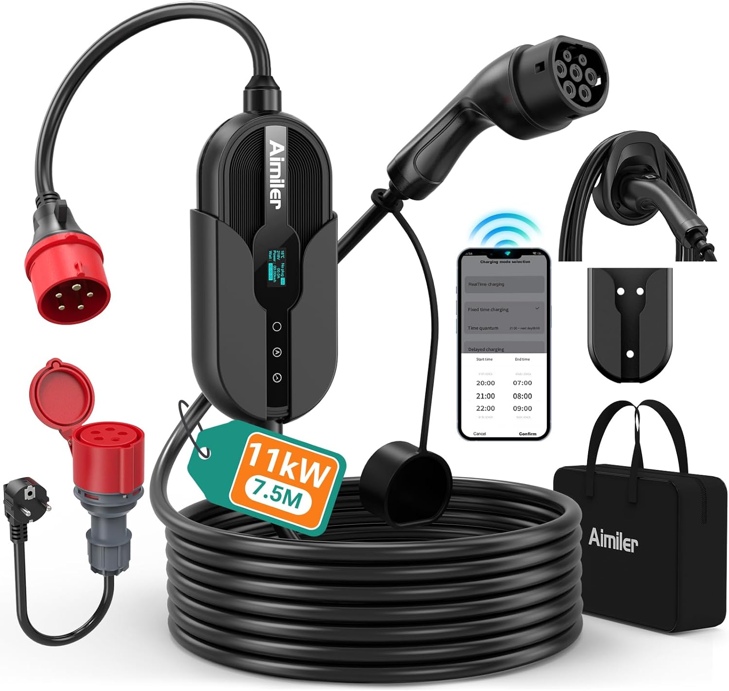 Cargador Coche Eléctrico 11kW Trifásico(8-16A) Control por App/Pantalla Digital,Cargador Vehículo Eléctrico Portátil/de Pared con Cable Tipo 2 de 7,5m