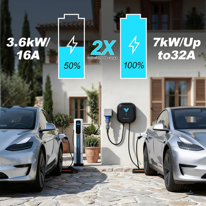 Wallbox , Cargador para Vehículo Eléctrico 7kW,6-32A Type 2 Monofásica, Wi-Fi, Bluetooth, Interior/Exterior, soporte de enchufe, Protección IP67 para BEV/PHEV