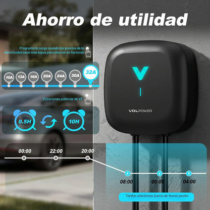 Wallbox , Cargador para Vehículo Eléctrico 7kW,6-32A Type 2 Monofásica, Wi-Fi, Bluetooth, Interior/Exterior, soporte de enchufe, Protección IP67 para BEV/PHEV