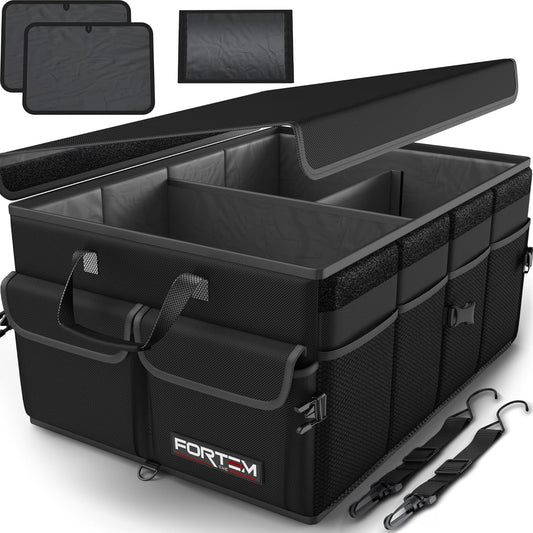 Fortem Organizador de porta-bagagens, caixa de armazenamento dobrável com compartimentos, base antiderrapante, correias, bolsos