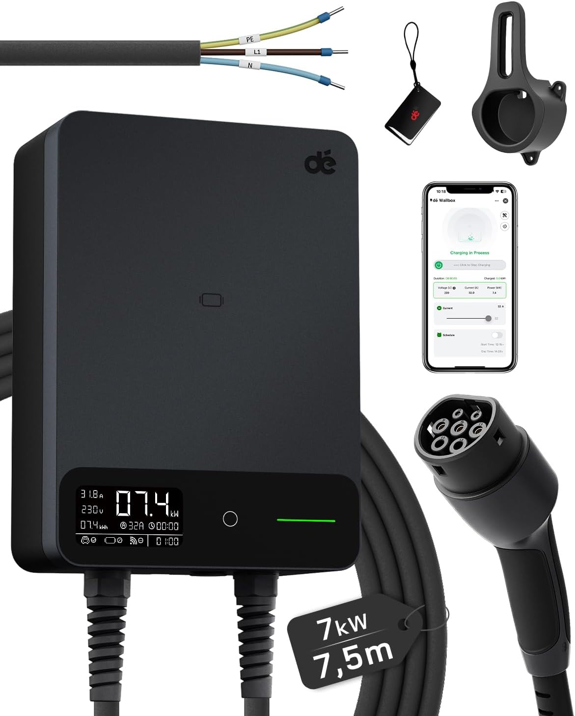dé Tipo 2, 7 kW, cabo de 7,5 m, preto; referência B0DJTYBY2W
