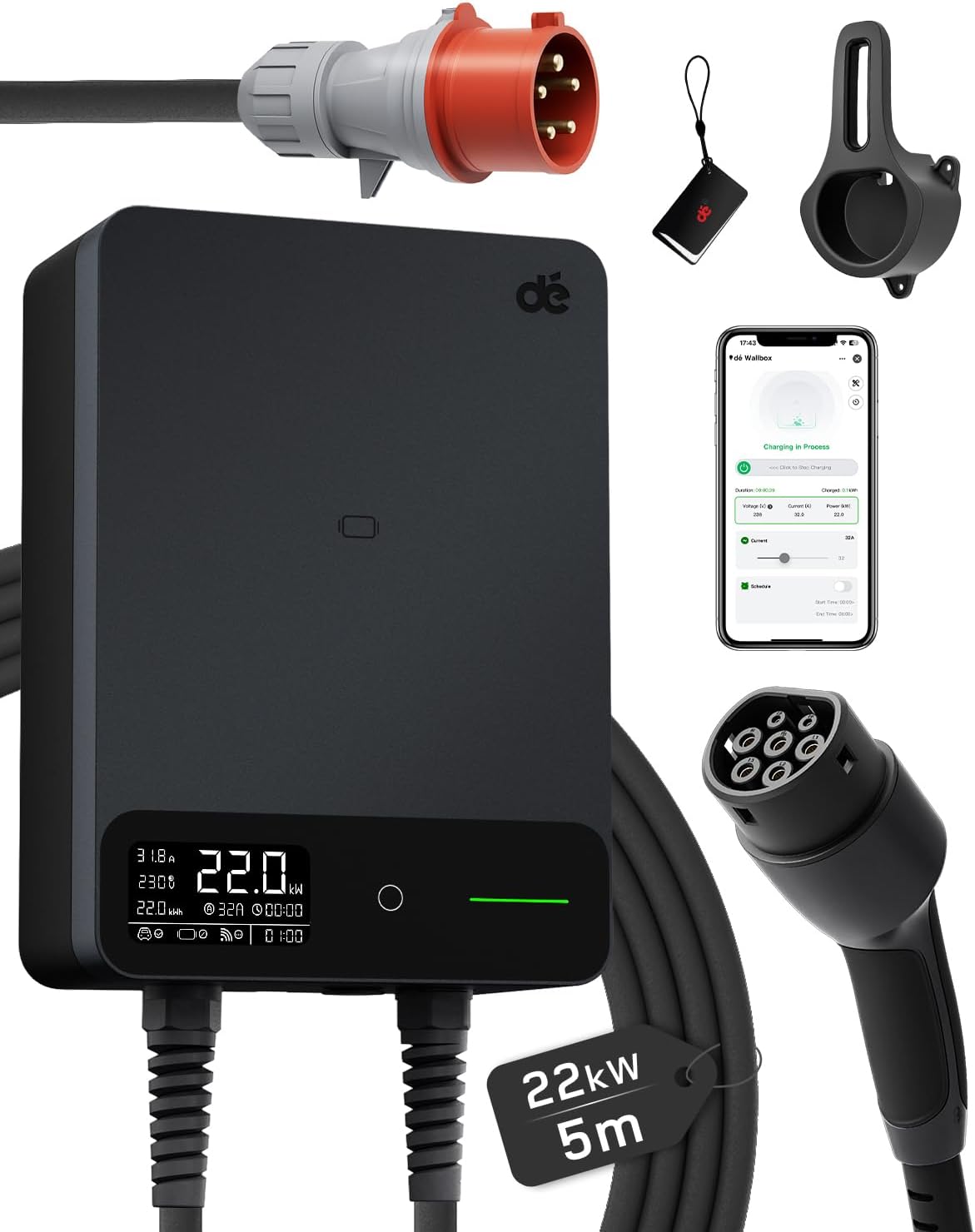 dé Tipo 2, 22 kW, cabo de 5 m, preto; referência B0DR9MRMYC