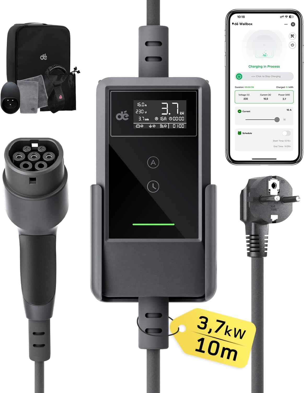 dé Tipo 2, 3,7 kW, cabo de 10 m, preto