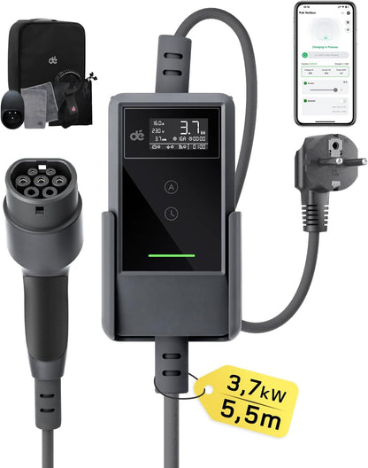 Carregador portátil dé 3,7 kW Tipo 2 com app, de 5,5 a 30 m; referência B0G529WNMP