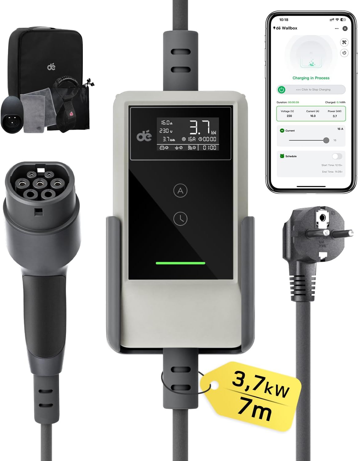 dé Tipo 2, 3,7 kW, cabo de 7 m, branco