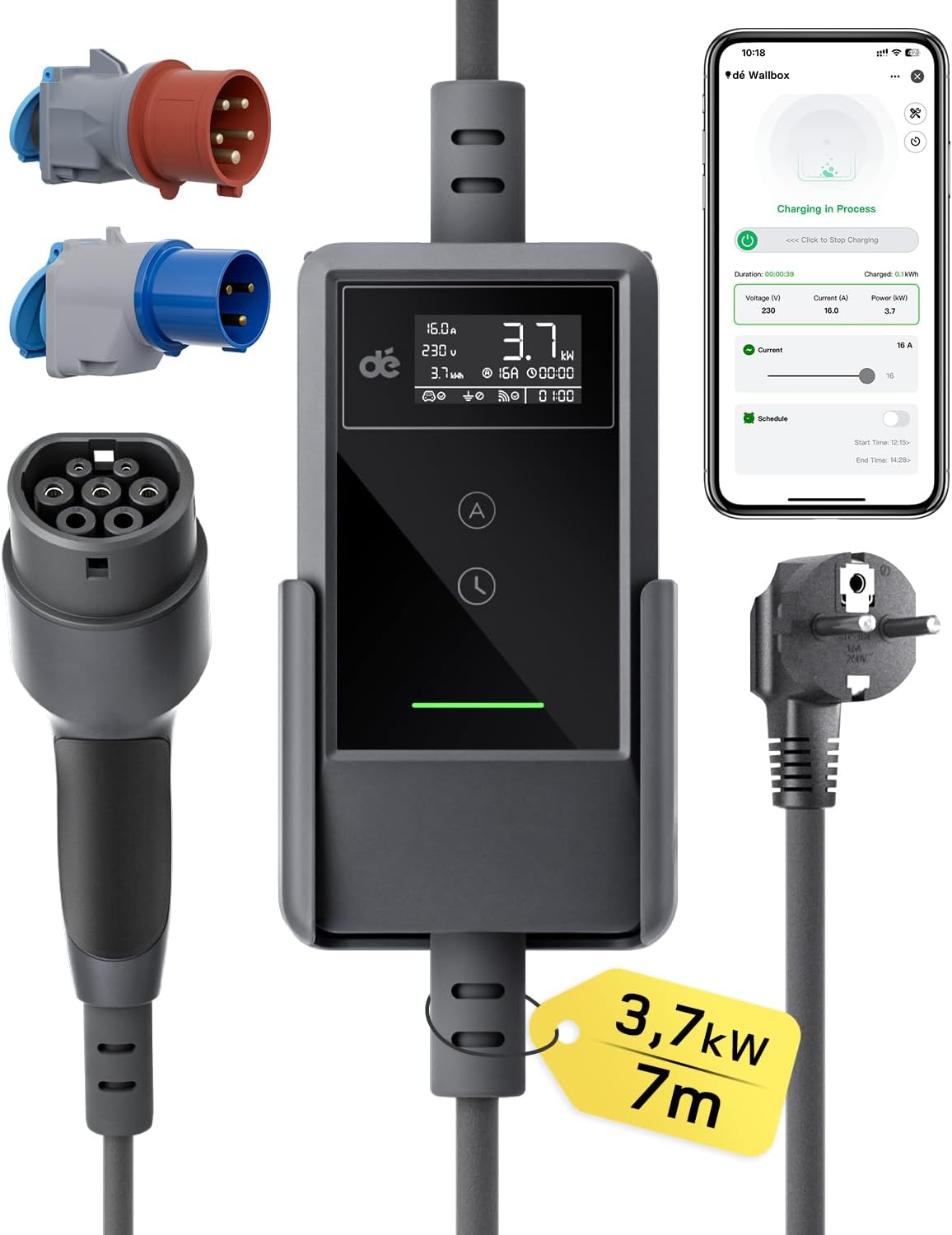 dé Tipo 2, 3,7 kW, cabo de 7 m, preto
