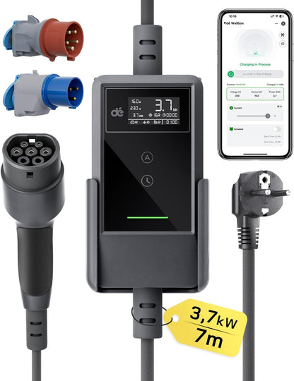 dé Tipo 2, 3,7 kW, cabo de 7 m, preto