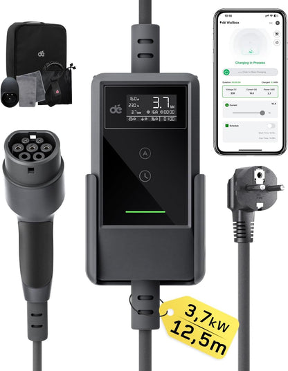 dé Tipo 2, 3,7 kW, cabo de 12,5 m, preto
